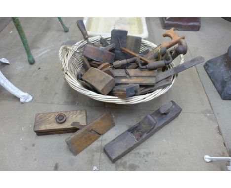 Assorted woodworking tools including planes, hand drill, etc. 