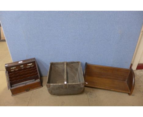 A Victorian oak letter rack, a/f, a pine trug and a beech book shelf 