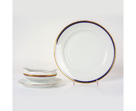 Large white platter and gravy boat with elegant cobalt blue ring and gold scroll design on the rim. Richard Ginori backstamp.