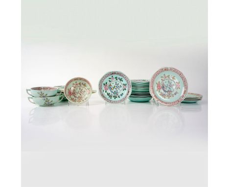 English Ironstone, mint green, floral pattern, flat cream soup bowls, saucers and coupe bowls. Includes: 5 soup bowls, 5 sauc