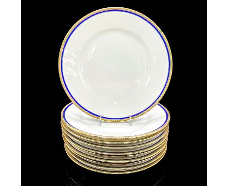 Ten white plates with elegant cobalt blue ring and gold scroll design on the rim. Richard Ginori backstamp. Dimensions: 1"H x