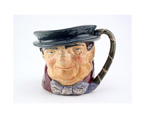 Royal Doulton Character Jug, Tony Weller D6044 (dark grey hat; maroon coat; grey-white bow with yellow spots). Designed by Le