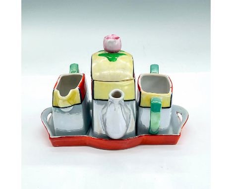 Vintage hand-painted porcelain tray, teapot, sugar dish and creamer in grey, red, yellow, green, blue and black. Trico Nagoya