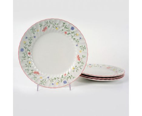 Soft floral and vine design with raspberry edge. Set includes 4 dinner plates. Johnson Bros backstamp. Issued: c 1988Dimensio