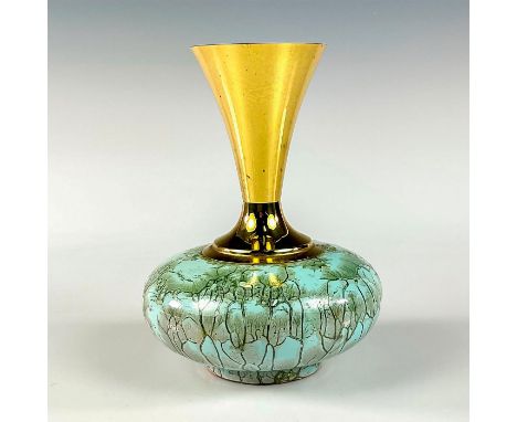 Turquoise toned with lustre finish &amp; branch patterning. Brass upper portion.Hand Painted Delft Holland on bottom of piece
