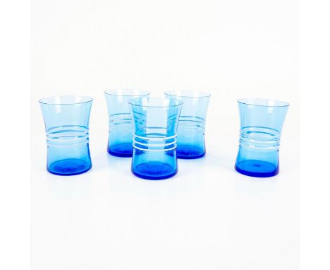 Light blue flat tumblers designed with 3 white enamel bands around middle. Dimensions: 4"H x 2.75"Dia.Manufacturer: RinglingC