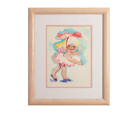 Artist signed in pencil Bauer (?) along the girl's leg, housed in light wood frame with cream colored matte. Sight size: 14"H