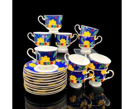 Ten bone china tea cups and ten saucers in a lively design of bright yellow flowers on deep blue. Saucers 0.75"H x 6.25" dia.