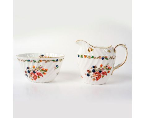 Colorful floral pattern coffee service creamer and sugar bowl. Fine Bone China. Aynsley backstamp. Creamer: 4"L x 3.5"H. Suga