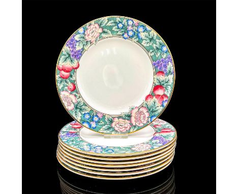 Eight plates with a lively green, purple, blue and mauve floral and fruit design, gold rim. Royal Doulton backstamp. Issued: 
