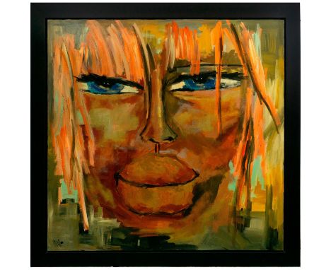 Large acrylic portrait of a young lady on canvas. Signed lower left.Measures 68" x 68" including frame, 60" x 60" image only.