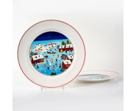 Large porcelain plates decorated with nativity scenes of villagers playing outside designed by Gerar Laplau. Villeroy and Boc