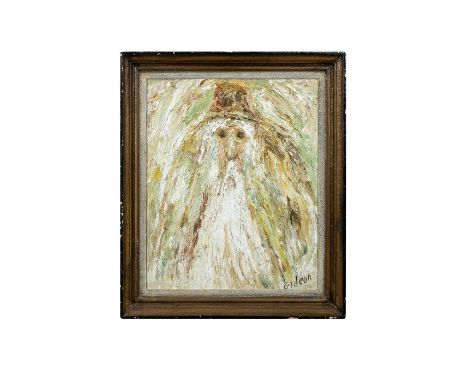 Housed in a painted plaster frame. Depicts an abstract impressionism style painting portrait of a man wearing a hat. Artist s