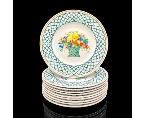 Ten porcelain plates in a vibrant green crisscross pattern with a basket of fruit in the center. Villeroy &amp; Boch backstam