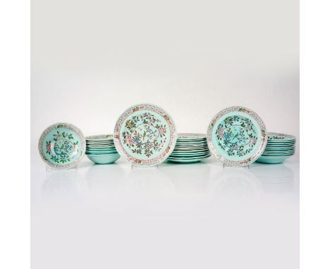 English Ironstone, mint green, floral pattern bread and butter plates, salad plates and bowls. Includes 13 bread and butter p