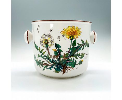 A white ceramic cachepot that has two round handle knobs and is decorated with yellow dandelions on both sides. Villeroy and 