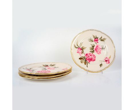 Fine china plates decorated with pink peonies in center and gilded pearl scalloped edges. Castleton China backstamp. Issued: 