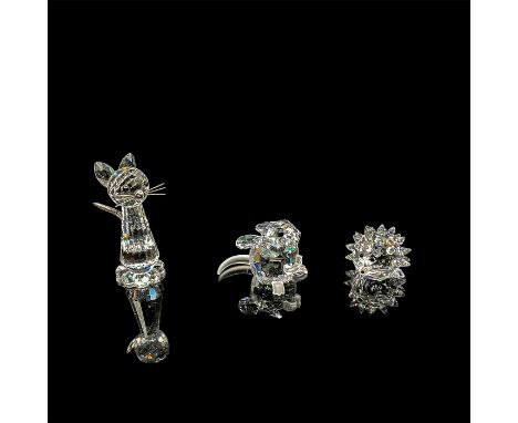 Set of 3 clear crystals. Mouse with black inset eyes and frosted tail; Cat has black eyes, silver nose, whiskers and tail; he