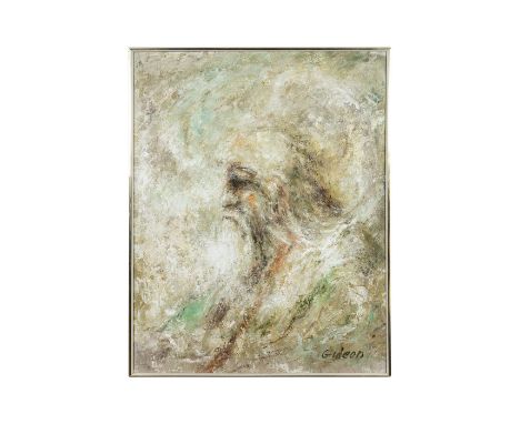 Housed in a white painted frame with a golden metal trim. Depicts in an abstract impressionism style painting of a portrait o