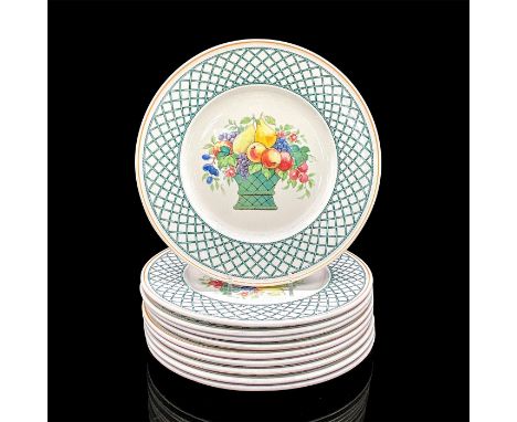 Ten porcelain plates in a vibrant green crisscross pattern with a basket of fruit in the center. Villeroy &amp; Boch backstam