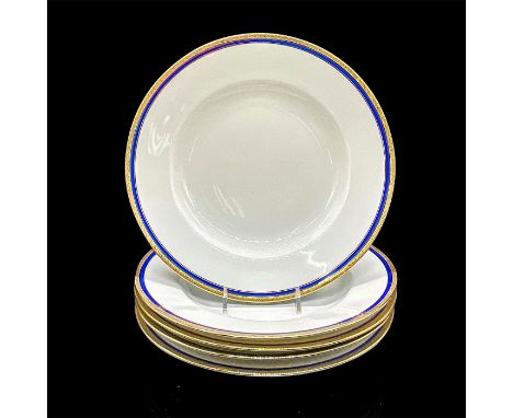 Five white wide low bowls with elegant cobalt blue ring and gold scroll design on the rim. Richard Ginori backstamp. Dimensio