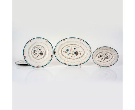 Three dinner plates 0.75"H x 10.5" dia, serving platter 13.25"L x 10"W x 1"H, and oval serving bowl 9.25"L x 7"W x 2.25"H wit
