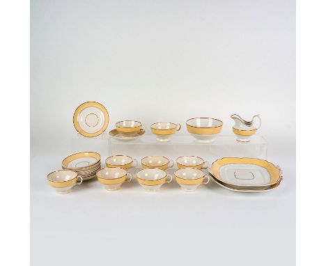 Cream colored with tan and burgundy border. Cake plates (2), bowl (1), creamer (1), saucers (10) and teacups (9). No backstam