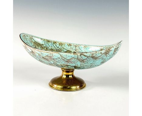 Turquoise toned with lustre finish and branch patterning. Brass hued rim around piece.Brass accent footing. Hand Painted Delf