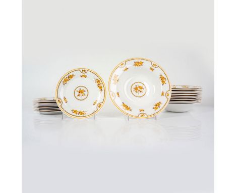 Bone china decorated with orange, brown, and yellow flowers and bands with orange rim. Includes 12 rim soup bowls and 11 dess