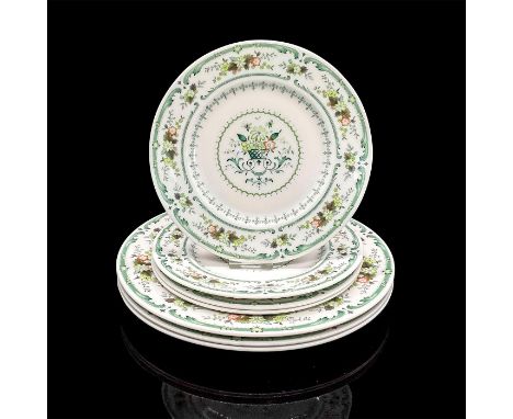 Three dinner plates 0.75"H x 10.5" dia, four salad plates 0.5"H x 8" dia, white with green floral design. Royal Doulton backs