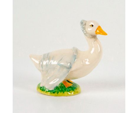 Depicts a white duck wearing a pale blue bonnet and pale blue jacket over her shoulders. Beswick backstamp. Dimensions: 3.5"L