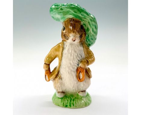 A figurine of Benjamin Bunny wearing a tan coat a and a green hat. This item has its original box. Dimensions of the original