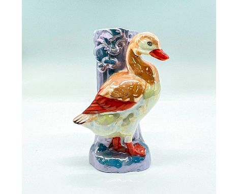 Vintage hand-painted glazed porcelain vase featuring an orange and yellow duck on an iridescent blue base. Made In Japan back