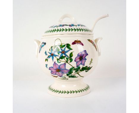 A large lidded bowl and ladle decorated with lavender and blue flowers with butterflies and foliage. Portmeirion Susan Willia