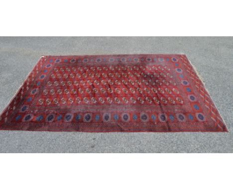 Dark red ground carpet having orange, white and blue pattern - 111" x 75"