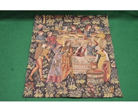 Wall hanging tapestry entitled Le Pressage (The Grape Pressing), showing the making of wine from grapes - 32" x 37"