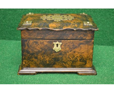 Italian painted tea caddy having shaped top with applied brass decoration opening to reveal two lidded tea compartments with 