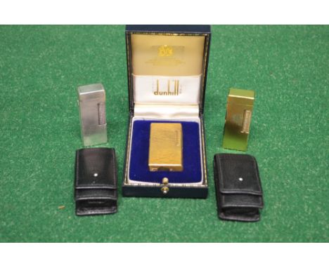 925 silver Dunhill lighter contained in leather case and having engine turned decoration together with two other gold coloure