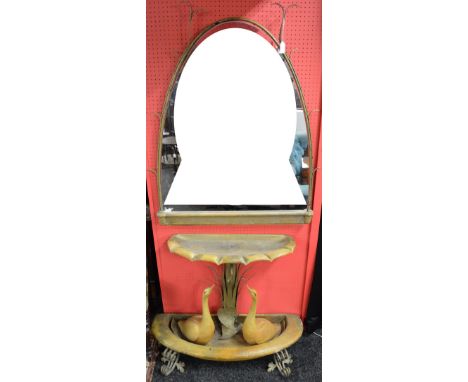 1970's, possibly Italian, fountain console table with arched mirror over fountain bowl supported on decorated column leading 