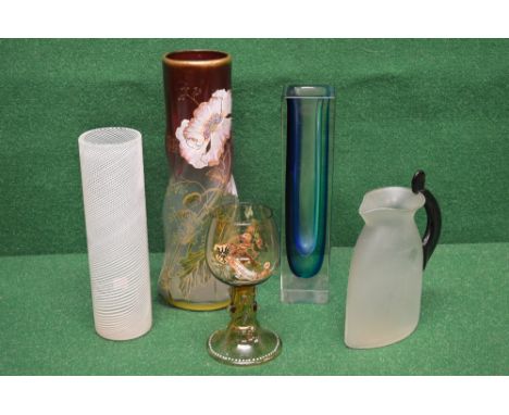 Group of five pieces of glassware to include a blue and clear square Murano glass vase, clear and white spiral vase and a Ger