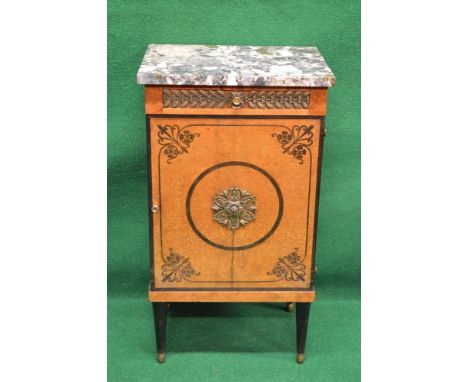 Marble topped walnut inlaid bedside cabinet having single drawer over cupboard door enclosing single fixed shelf with ormolu 