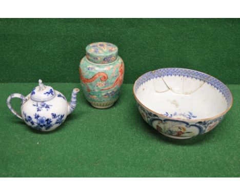 LG Ashworth blue and white floral decorated tea pot having simulated bamboo handle and spout together with an Oriental potter
