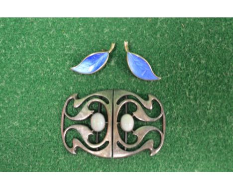 Murrle Bennett & Co. Art Nouveau 950 silver belt buckle, each piece being set with single opal together with a pair of David 
