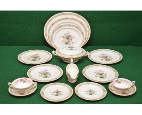 Royal Worcester floral decorated dinner service to comprise: three graduated meat plates, circular lidded tureen, two spare l