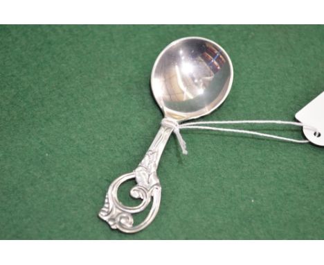 Scarce example of a Danish silver caddy spoon with cast and pierced decoration made by Johannes Siggaard 1941