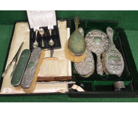 Group of silver items to comprise: three silver spoons, glove stretchers, napkin ring, crumb brush, comb, two clothes brushes