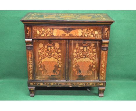 Mahogany marquetry inlaid side cabinet decorated with flowers and butterflies having single drawer over two doors enclosing s