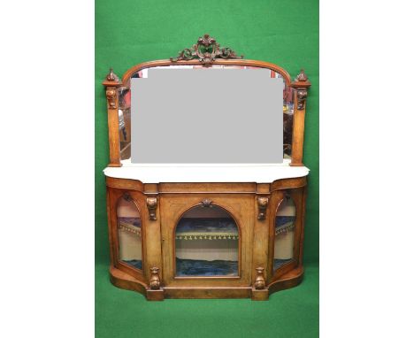 Inlaid walnut credenza having arched top mirror over a shaped white marble top, the base having inlaid decoration and applied