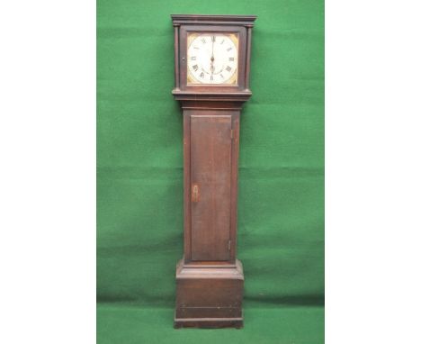 30 hour oak cased grandfather clock having square painted dial with Roman Numerals and pierced black hands with subsidiary se