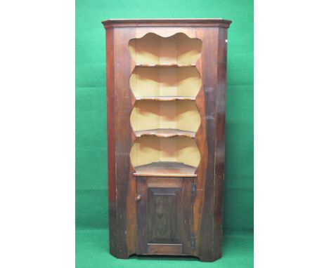 Free standing corner cabinet having moulded cornice over three shaped fixed shelves with panelled door under enclosing single